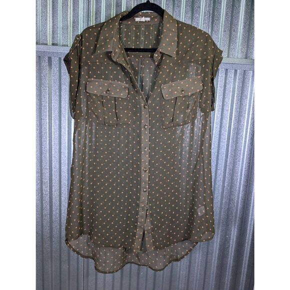 Pleione S (Nordstrom) Olive Green W/Tan  Polka Dot Pattern Buttom Up Blouse Wome - Picture 2 of 8